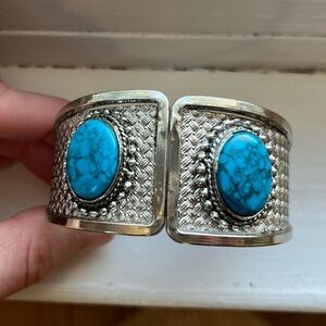 Vintage Turquoise Cuff Bracelet Silver Tone Statement Boho Southwest Hinge Clasp